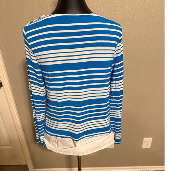 Calvin Klein Womens Blue White Striped Mixed Media Layered Top Button Shoulder - Picture 2 of 8